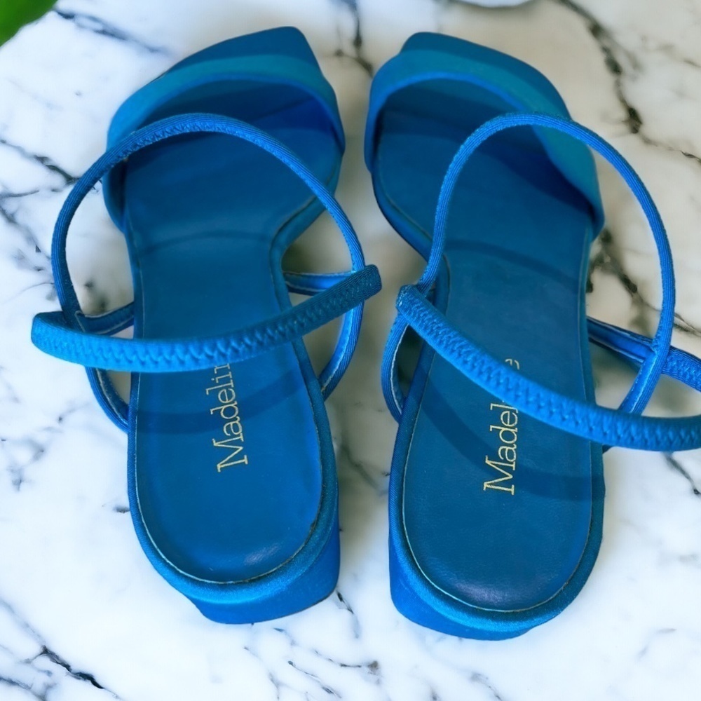 Y2K Madeline NEW Ruby Blue Satin Strappy Heels 7.5 Square Toe Block Heel - Picture 11 of 11